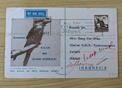 Radio Australia Kookaburra postcard to Indonesia with 6d animal solo rate.
