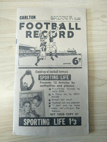 VFL 1952 August 16th Football Record Carlton v Collingwood