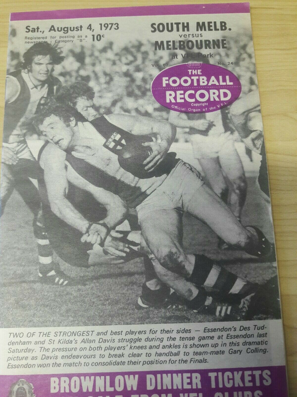 VFL 1973 Football Record August 4 South Melbourne v Melbourne