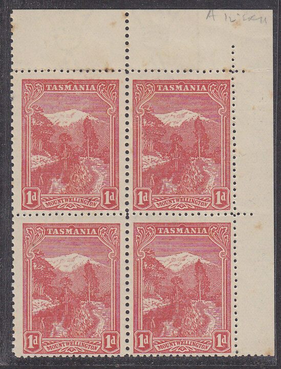Tasmania SG 250hb 1d mountain Pictorial compound Perf 12½ and 11  MUH block of 4
