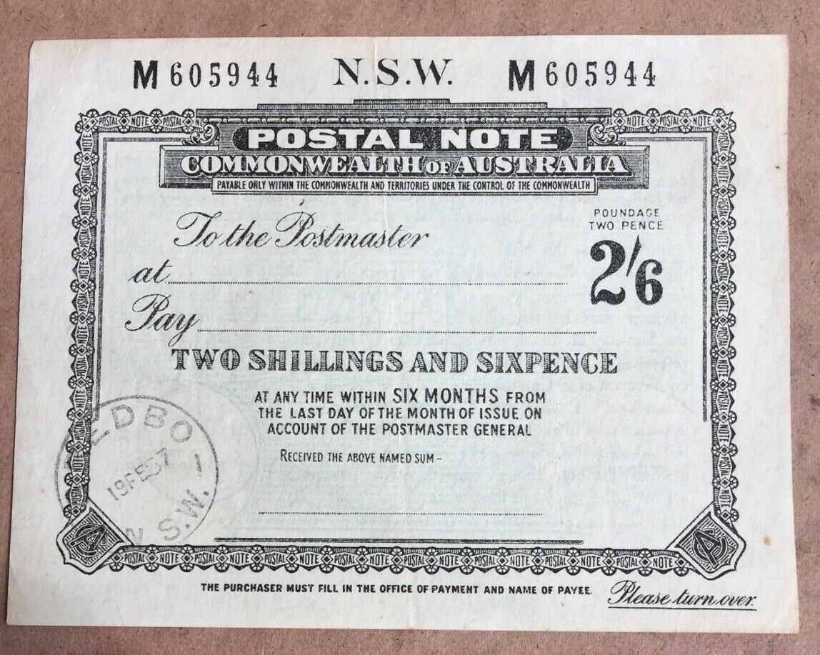Australia NSW 2/6 Postal Note banknote postal stationery used 1957