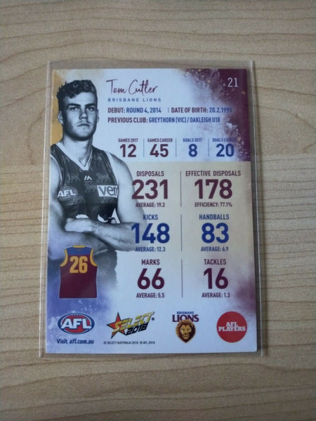 2018 Select Tom Cutler Brisbane Football Card Hand Signed