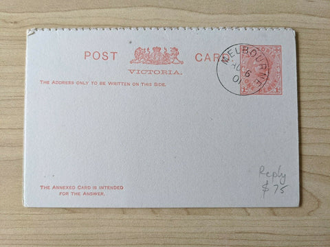 Victoria 1d One Penny Post Card Reply Melbourne Postmark PC22