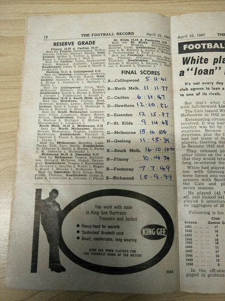 VFL 1967 April 22 Football Record Collingwood v North Melbourne