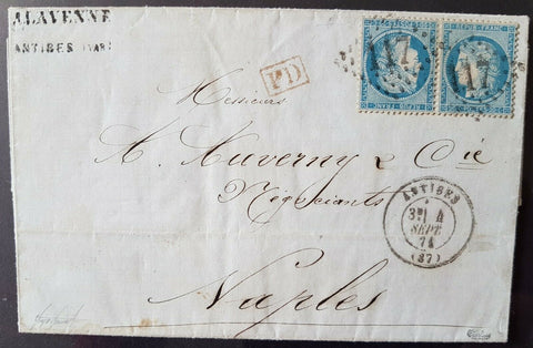 France Yvert 37c, 20c Dark Blue horizontal Tete-beche Pair on entire