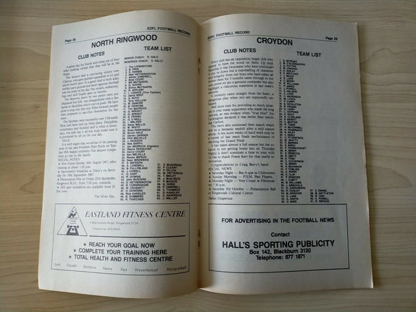 Football 1987 29th August Victorian Eastern Districts Football League Football Record