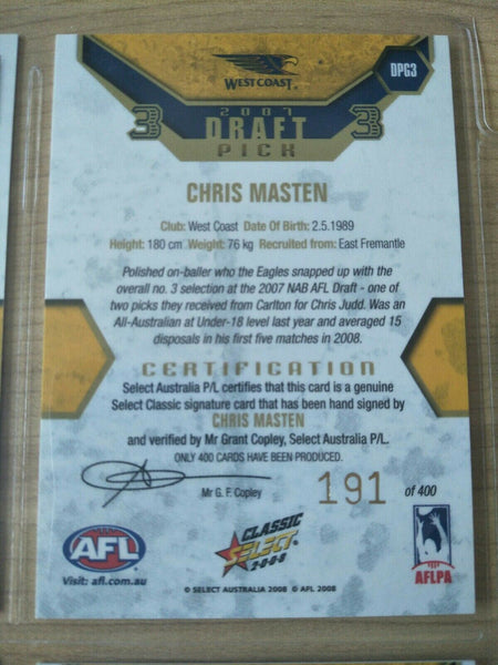 2008 Select Classic Draft Pick Gold Signature Card Chris Masten West Coast