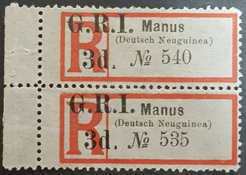 3d GRI on German New Guinea Manus Registered label SG 39 Pair Mint