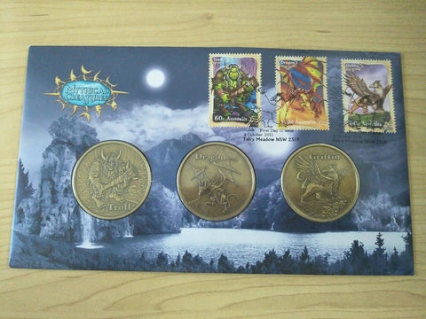 2011 $1 Australian Mythical Creatures Troll, Dragon, Griffin 1st Day Cover