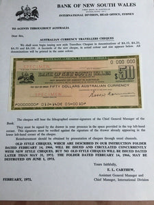 Australia Bank of  NSW 1971 $50 Travellers Cheque Overprinted Specimen