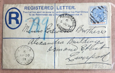 Gold Coast 1891 Queen Victoria Registered Letter Postal Stationery To Liverpool