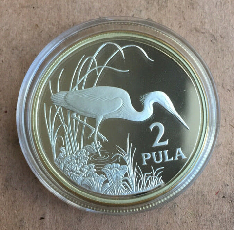 BOTSWANA 1986 2 Pula Salty Egret Crane Silver Crown Size WWF Coin