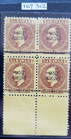 Sarawak Malayan States 1c on 3c Brooke block of 4. Double Overprint Error SG27f