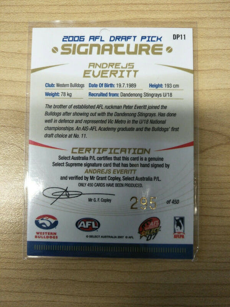 2007 Select Supreme Draft Pick Andrejs Everitt Signature Bulldogs No. 295/450