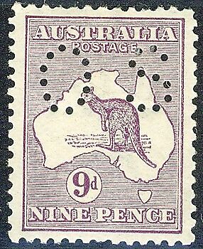 Australia SG O24 9d Violet Kangaroo 1st Watermark Perforated Small OS MLH