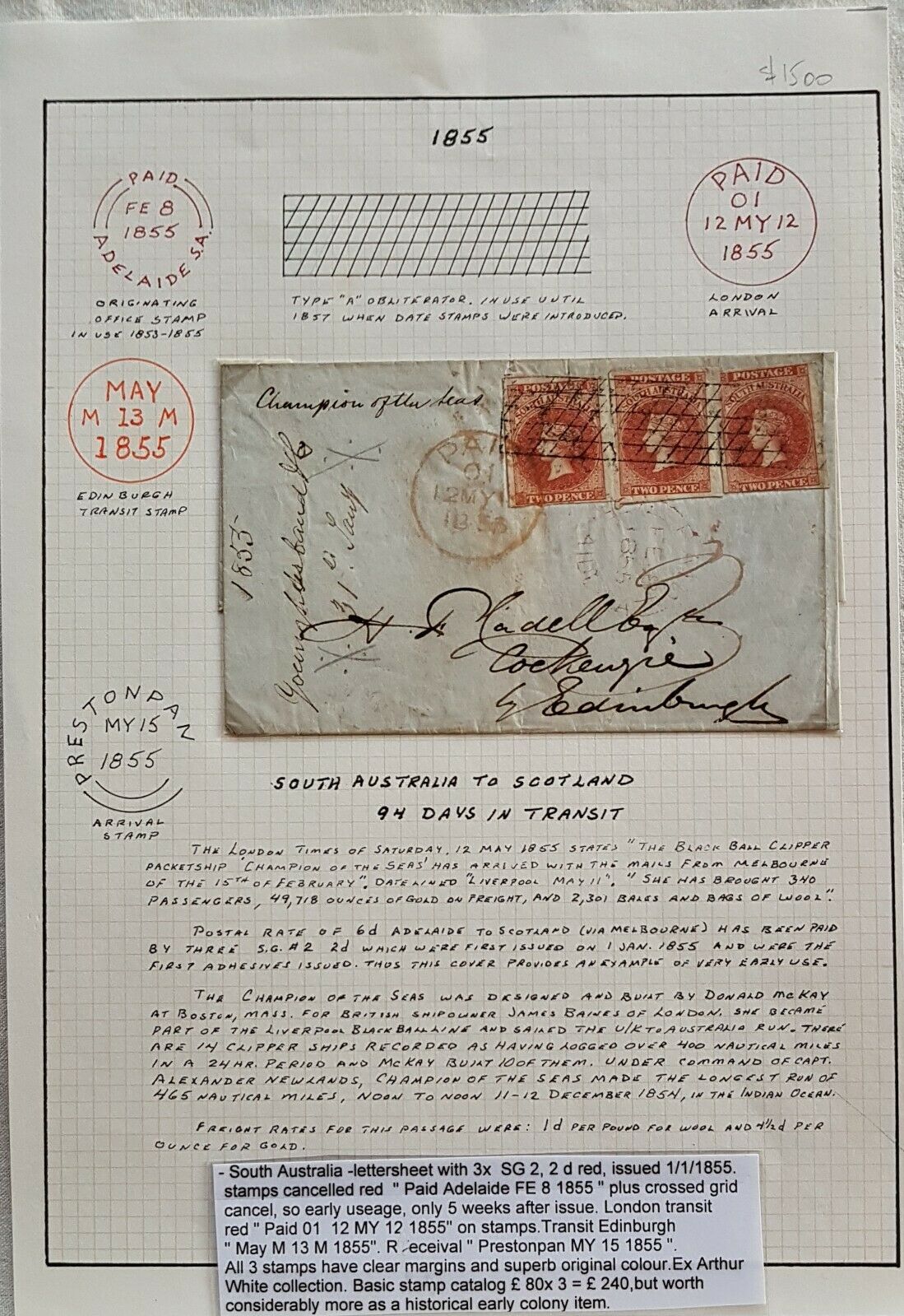 SA, Australian States, GB, 2d strip of 3 used to Edinburgh. Very early usage.