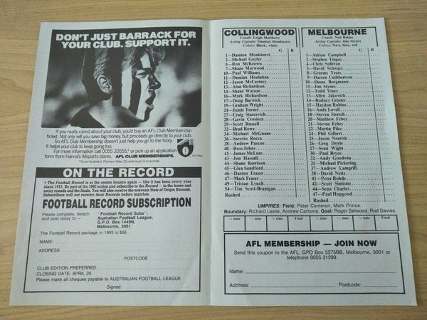 AFL 1993/4 Four different Foster's Cup Collingwood Games Souvenir Football Records
