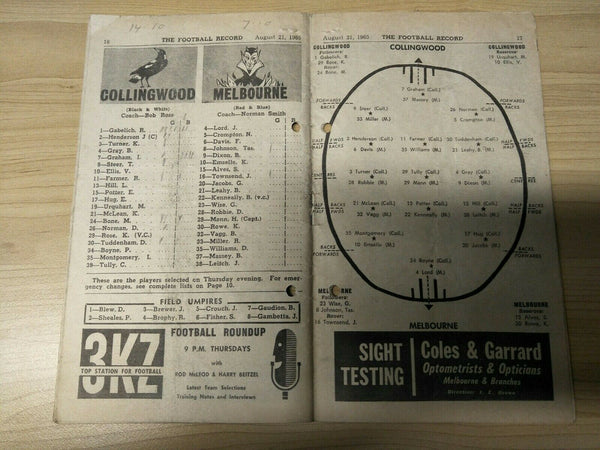 VFL 1965 August 21 Football Record Collingwood v Melbourne