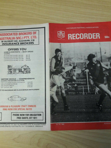 Football 1982 VFA Victorian Football Association July 11 Preston v Port Melbourne Recorder Magazine
