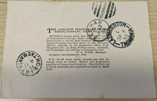 SA South Australia -Tasmania 1d Adelaide Mining Company Postcard lighthouse ship