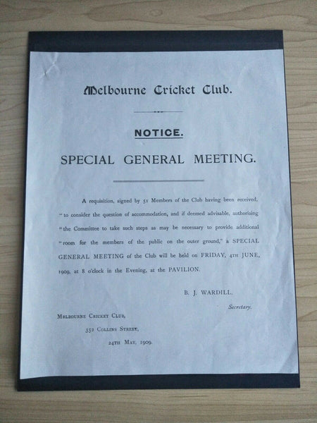 Cricket 1909 Melbourne Cricket Club Notice of a Special General Meeting