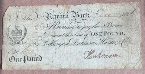 Great Britain 27-12-1806 One Pound Newark Bank Pocklington, Dickinson, Hunter