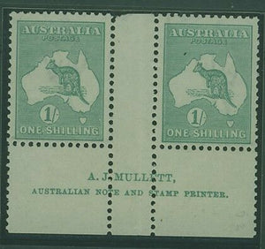 Australia SG 40 1/- blue-green Kangaroo 3rd Watermark Imprint gutter  MUH