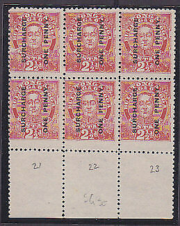 Tonga Pacific Islands SG 30 1d on 2½d vermilion in block of 6 Mint no gum.