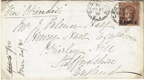 SA Australian States 1880 (Mar 20) Letter to England at 8d rate via Brindisi.