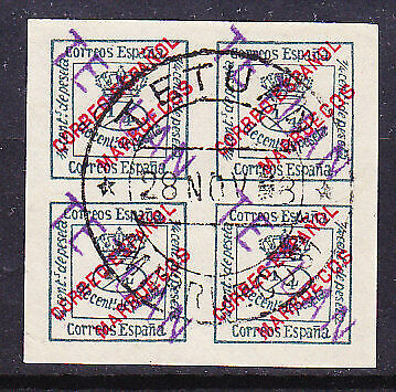 Spain SG  24 Handstamped TETUAN ½c green block of 4 imperf Used