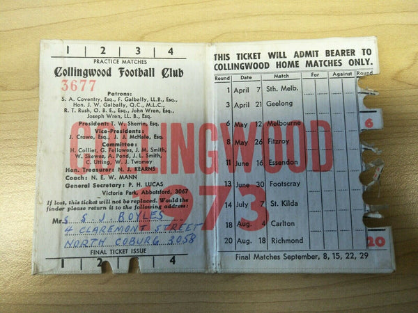 VFL 1973 Collingwood Football Club Season Ticket No. 3677 - Signed By Graeme Jenkin