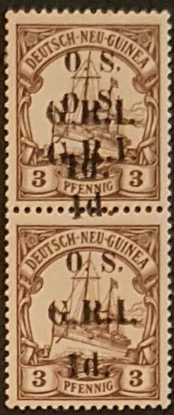 1d GRI opt OS on 3pf German New Guinea SG O1, O1b joined pair mint