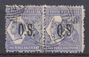 SA Australian States SG O75-O75a 2½d OS, error pair, one missing stop after O.S