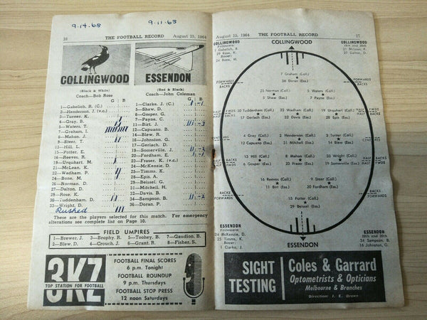 VFL 1964 August 15 Football Record Collingwood v Essendon