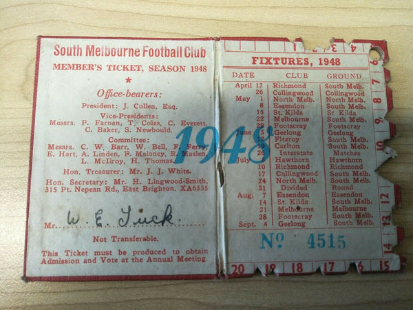 VFL 1948 South Melbourne Football Club Member's Season Ticket No. 4515