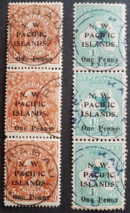 NWPI New Guinea on Australia 1d Surcharge strips of 3 overprint types SG 100-1 U