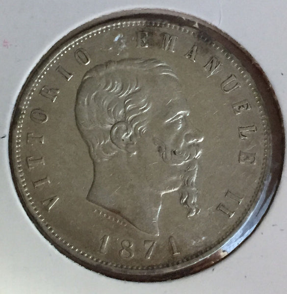 Italy 1871 M 5 Lire Silver Coin Extremely Fine