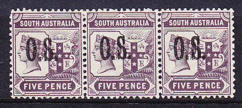 SA Australian States SG O76 5d purple optd OS in a strip of 3 MUH