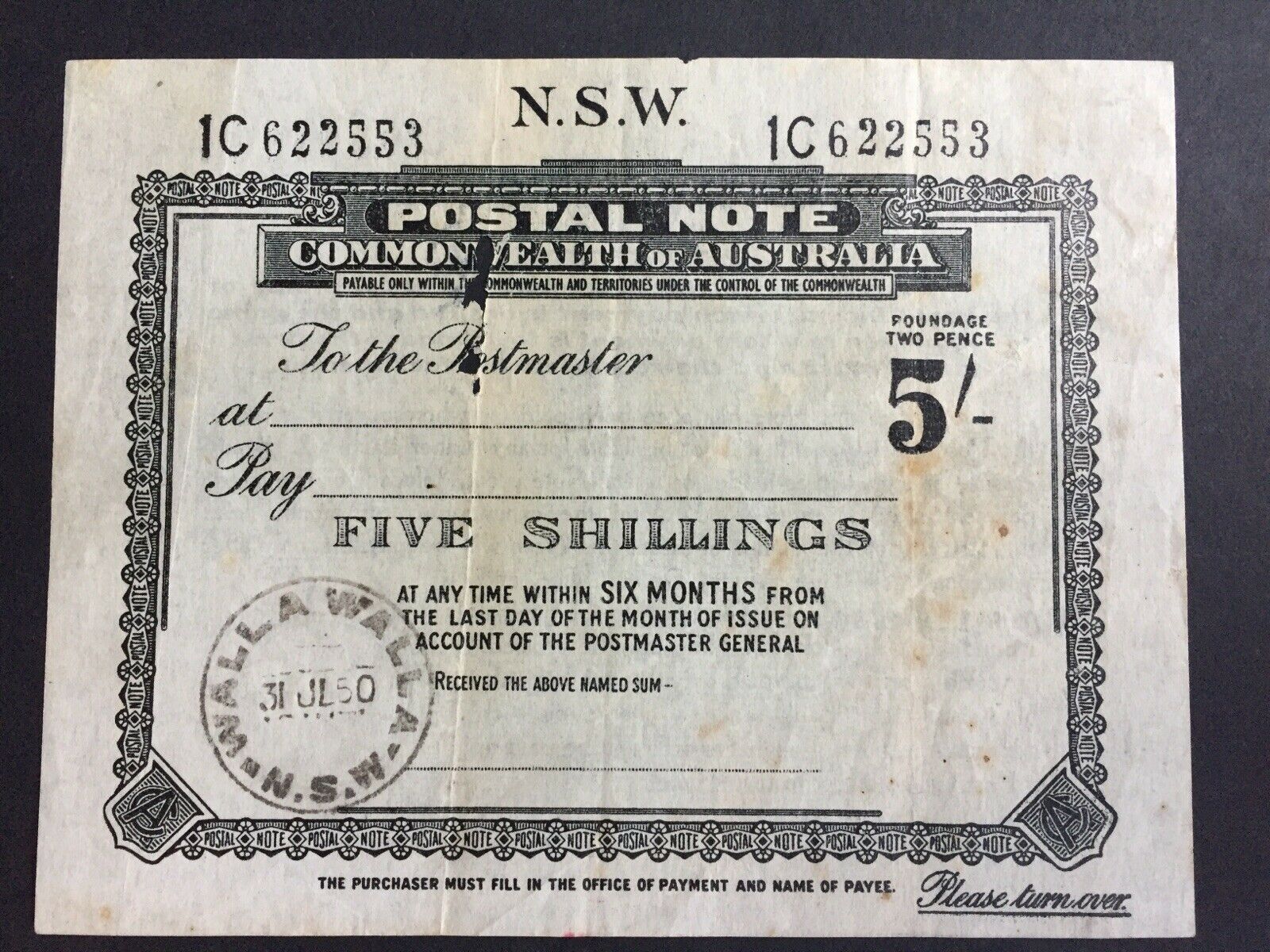 Australia Victoria 5/- postal note banknote postal stationery Faults unused