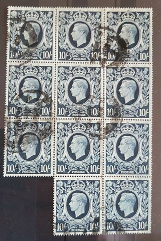 GB Great Britain 10/- KGVl arms in scarce block of 11 used SG 478