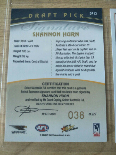 2006 Select Supreme Draft Pick Signature Card Shannon Hurn West Coast