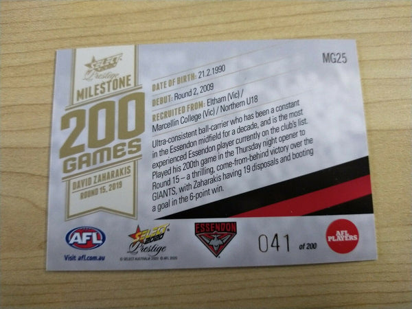 2020 Select Prestige Milestones David Zaharakis Essendon No.041/200