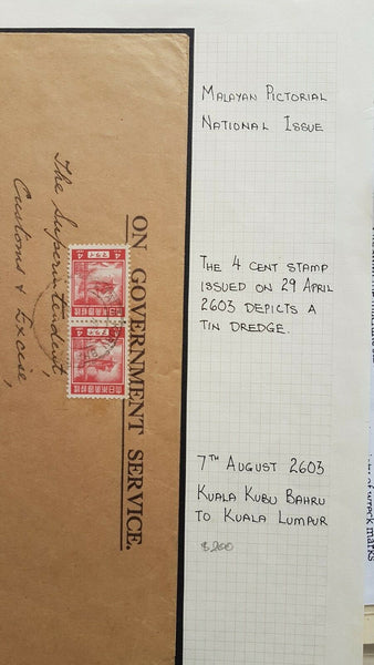 Japanese Occupation of Malaya 2x4c Tin dredging stamps on official customs mail