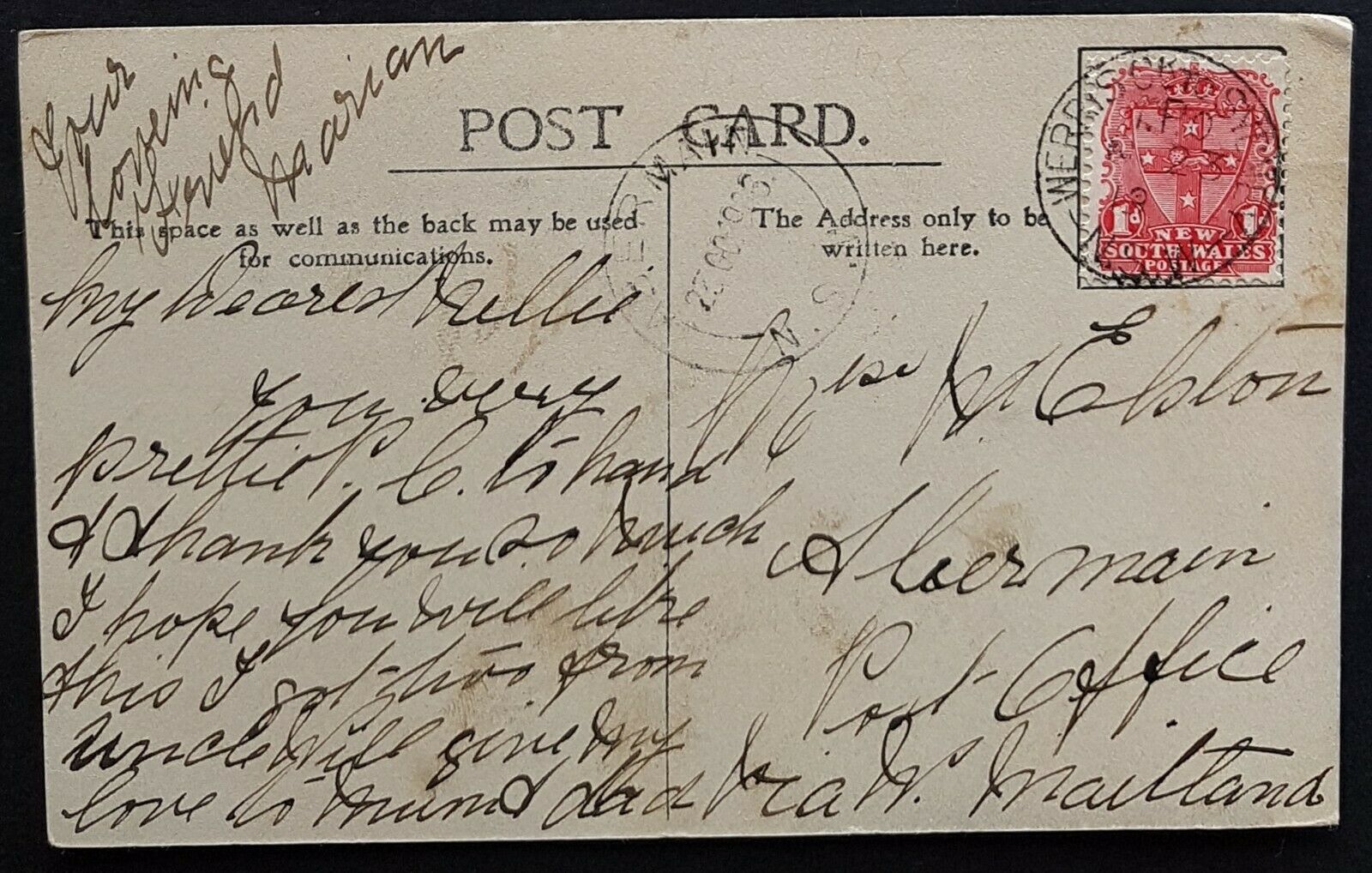 NSW 1d Arms on postcard Werris Creek  Sydney Travelling Post Office train cancel