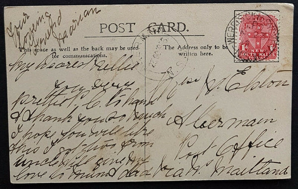 NSW 1d Arms on postcard Werris Creek  Sydney Travelling Post Office train cancel
