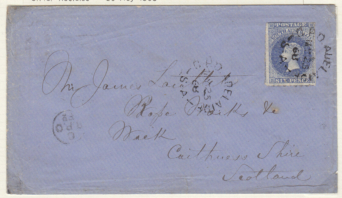 SA Australian States May 26 1868 6d roulette on Letter GPO Adelaide to Scotland.