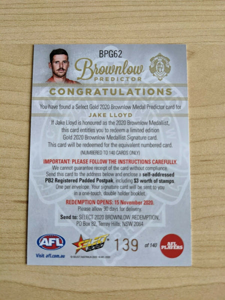 2020 AFL Select FOOTY STARS BROWNLOW PREDICTOR JAKE LLOYD 139/140