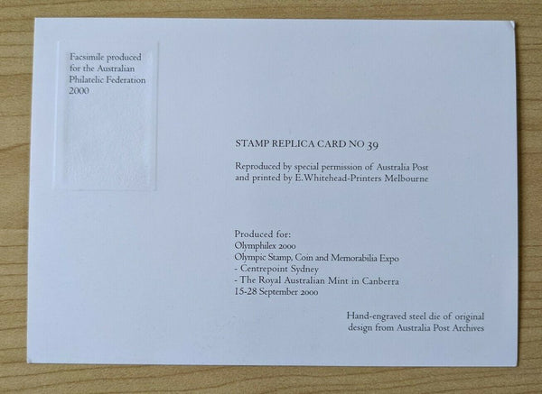 Australia 1956 Melbourne Olympics Stamp Replica die proof Card 39 7½d Olympic Torch Stamp