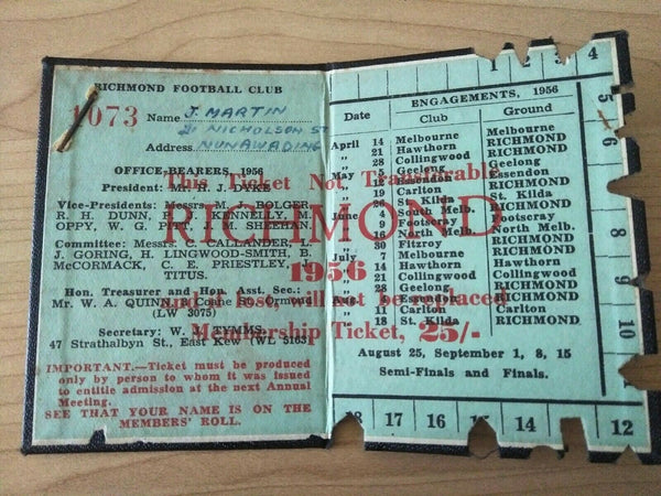 VFL 1956 Richmond Football Club Membership Season Ticket No. 1073