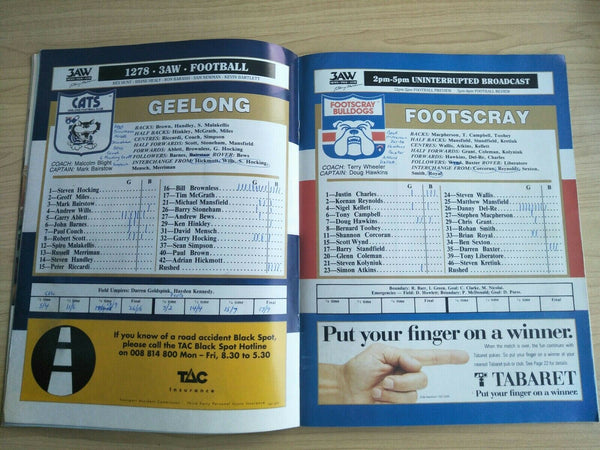 AFL 1992 Qualifying Final Football Record Geelong v Footscray